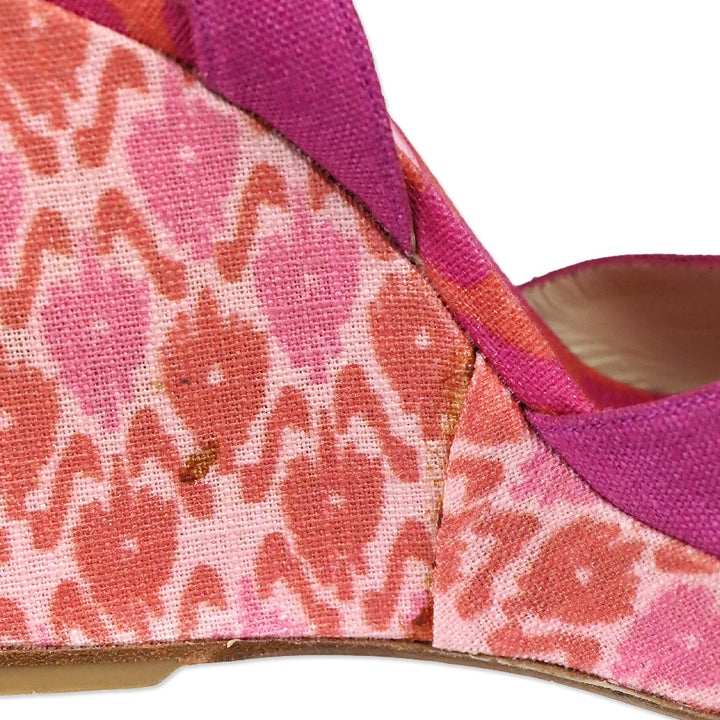 Stuart Weitzman Theodora & Callum Pink Linen Batik Paisano Wedge Sandals