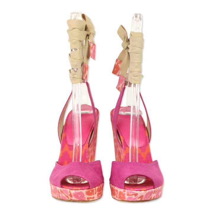 Stuart Weitzman Theodora & Callum Pink Linen Batik Paisano Wedge Sandals
