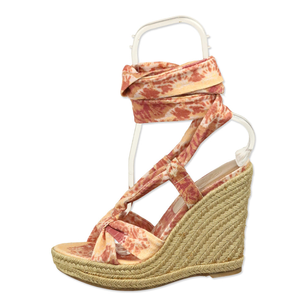 Stuart Weitzman Theodora & Callum Rust Watercolor Linen Sash Wedge Espadrille Sandals