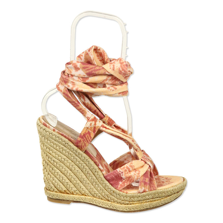 Stuart Weitzman Theodora & Callum Rust Watercolor Linen Sash Wedge Espadrille Sandals