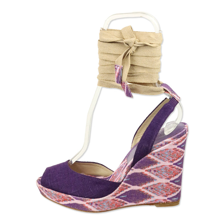 Stuart Weitzman Theodora & Callum Violet Linen Batik Paisano Wedge Sandals