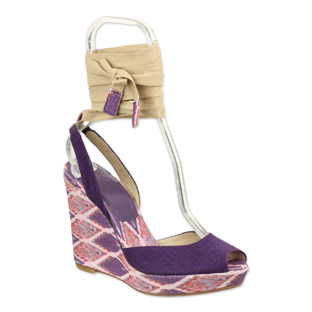 Stuart Weitzman Theodora & Callum Violet Linen Batik Paisano Wedge Sandals
