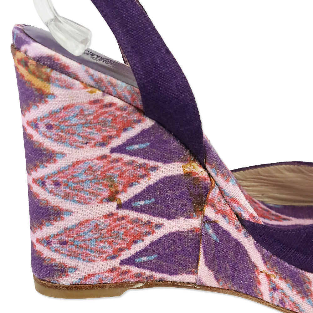 Stuart Weitzman Theodora & Callum Violet Linen Batik Paisano Wedge Sandals