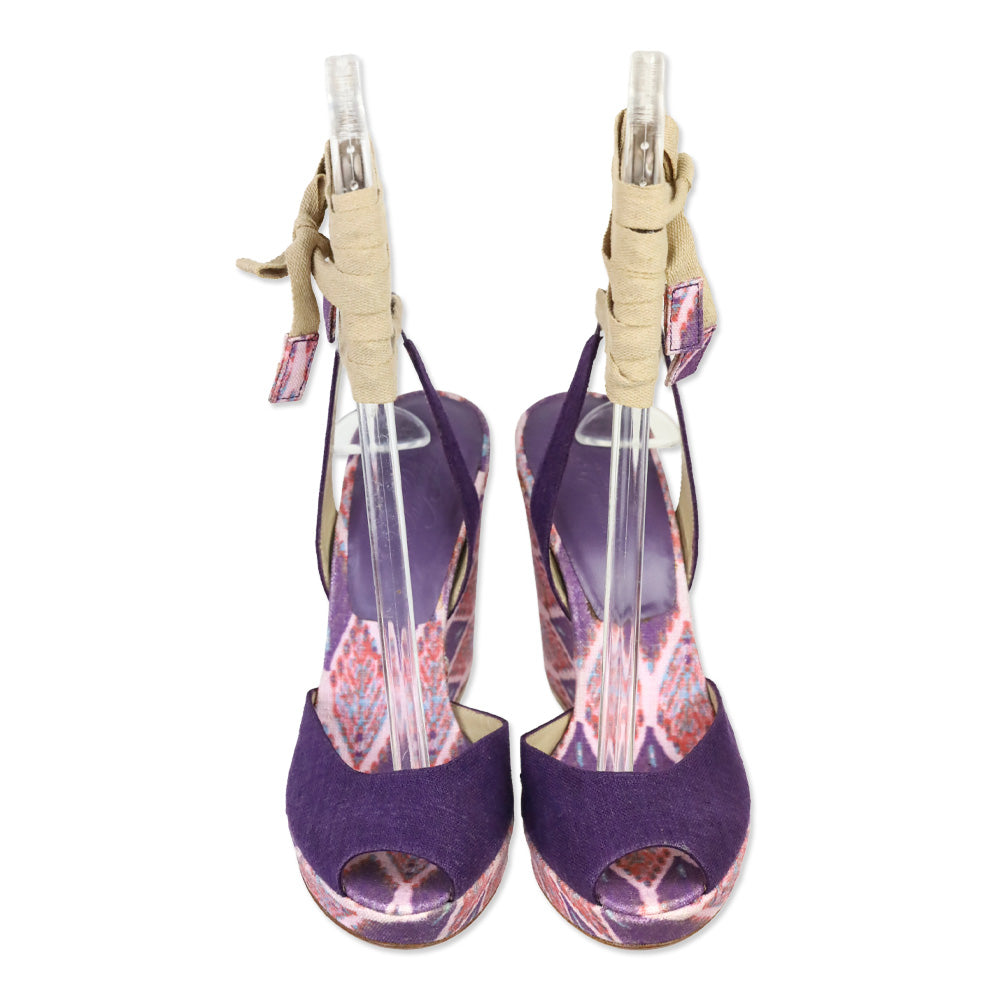 Stuart Weitzman Theodora & Callum Violet Linen Batik Paisano Wedge Sandals