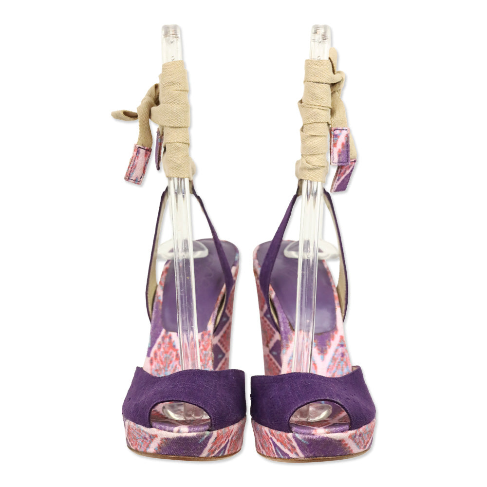 Stuart Weitzman Theodora & Callum Violet Linen Batik Paisano Wedge Sandals