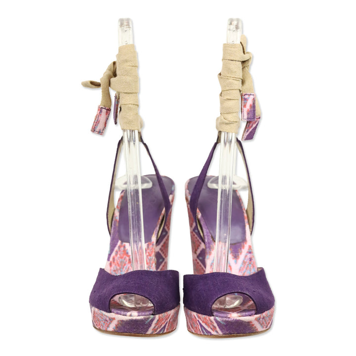 Stuart Weitzman Theodora & Callum Violet Linen Batik Paisano Wedge Sandals