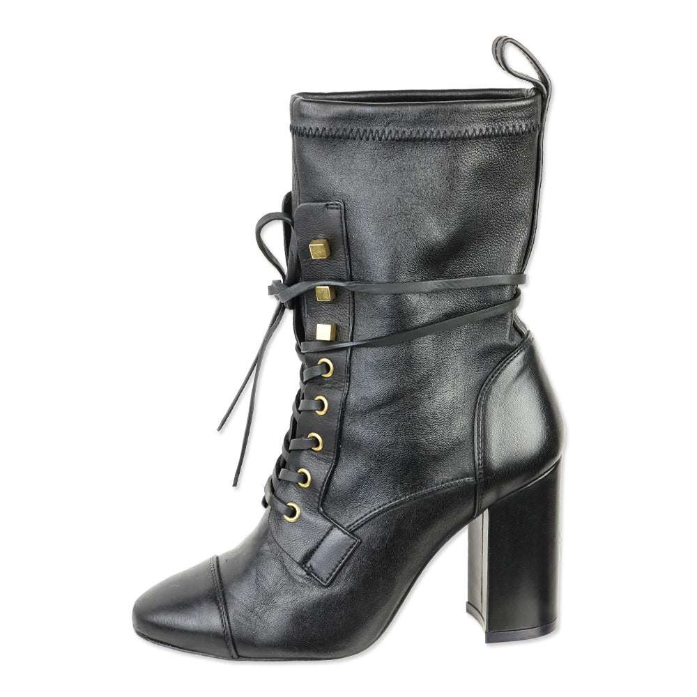 Stuart Weitzman Veruka Black Stretch Leather Lace Up Combat Booties