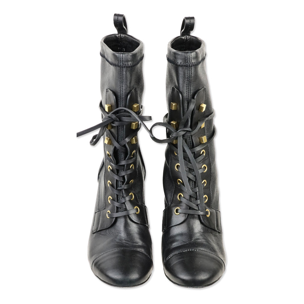Stuart Weitzman Veruka Black Stretch Leather Lace Up Combat Booties