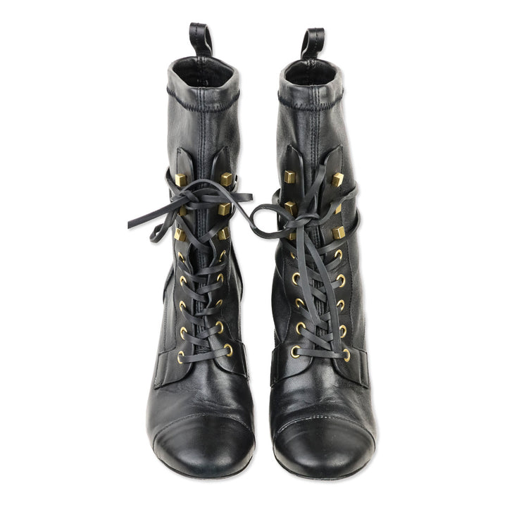 Stuart Weitzman Veruka Black Stretch Leather Lace Up Combat Booties