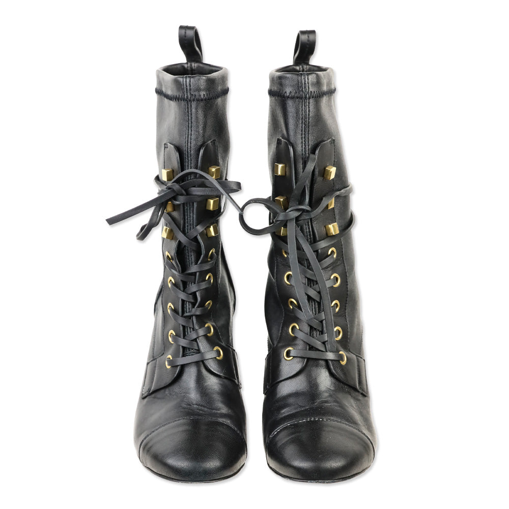 Stuart Weitzman Veruka Black Stretch Leather Lace Up Combat Booties