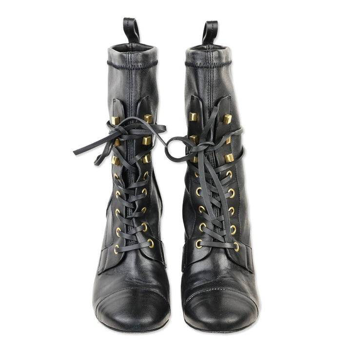 Stuart Weitzman Veruka Black Stretch Leather Lace Up Combat Booties