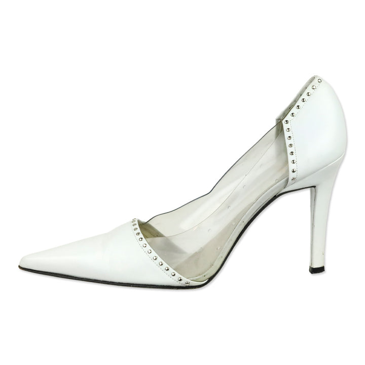 Stuart Weitzman White Leather/PVC Studded Trim Pumps