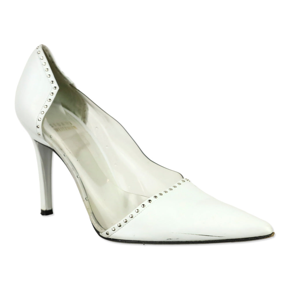 Stuart Weitzman White Leather/PVC Studded Trim Pumps