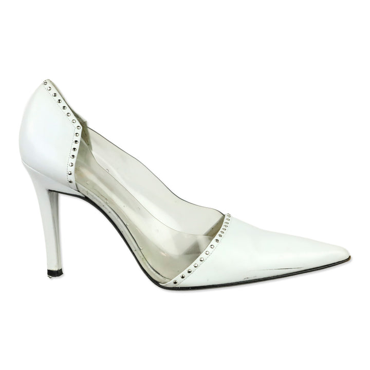 Stuart Weitzman White Leather/PVC Studded Trim Pumps