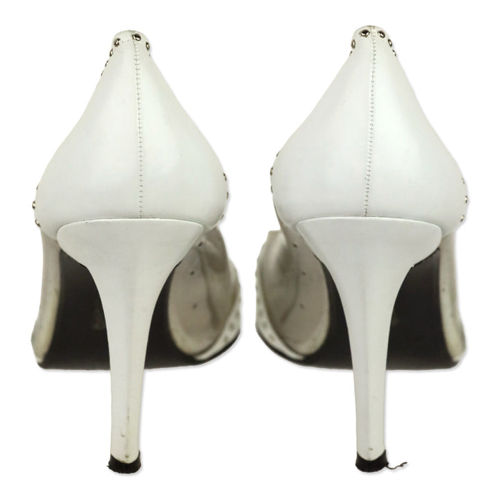 Stuart Weitzman White Leather/PVC Studded Trim Pumps