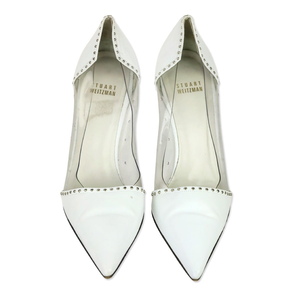 Stuart Weitzman White Leather/PVC Studded Trim Pumps