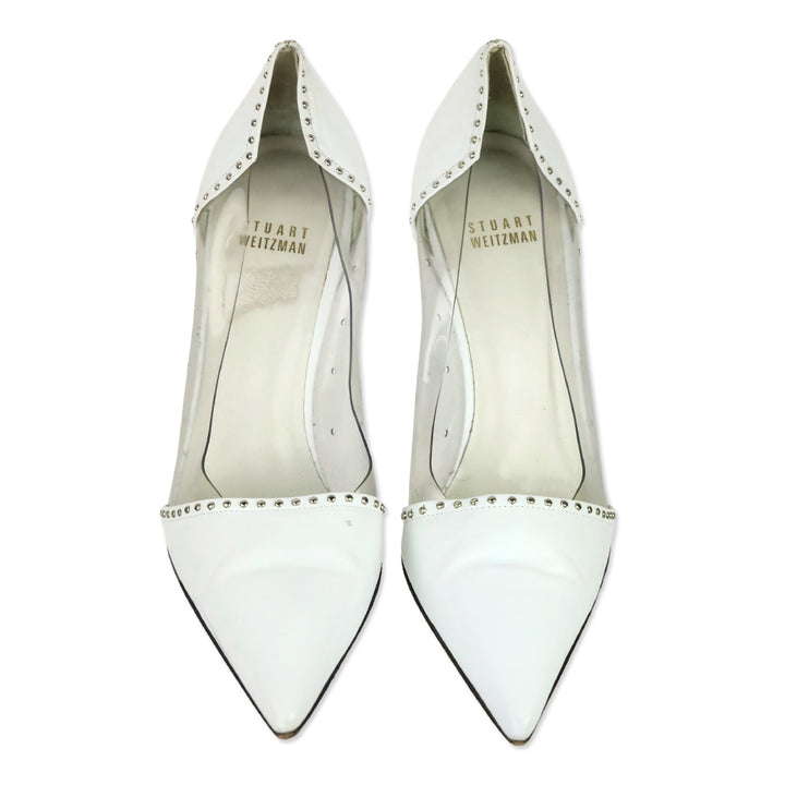 Stuart Weitzman White Leather/PVC Studded Trim Pumps