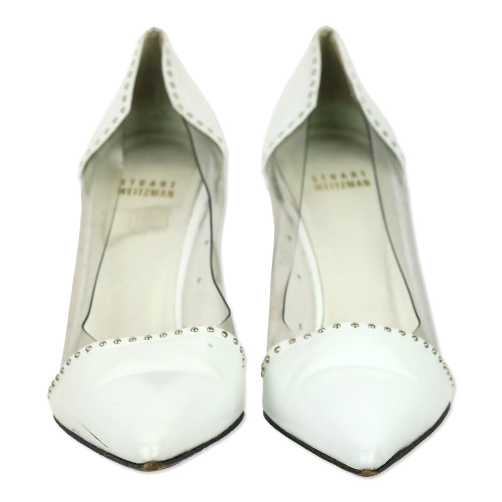 Stuart Weitzman White Leather/PVC Studded Trim Pumps