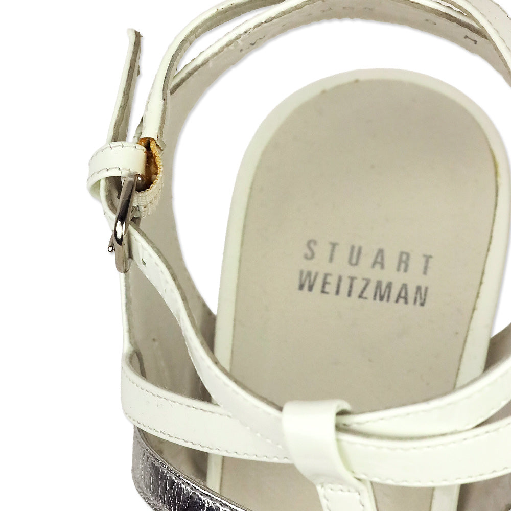 Stuart Weitzman White Patent & Silver Leather Caged Platform Sandals