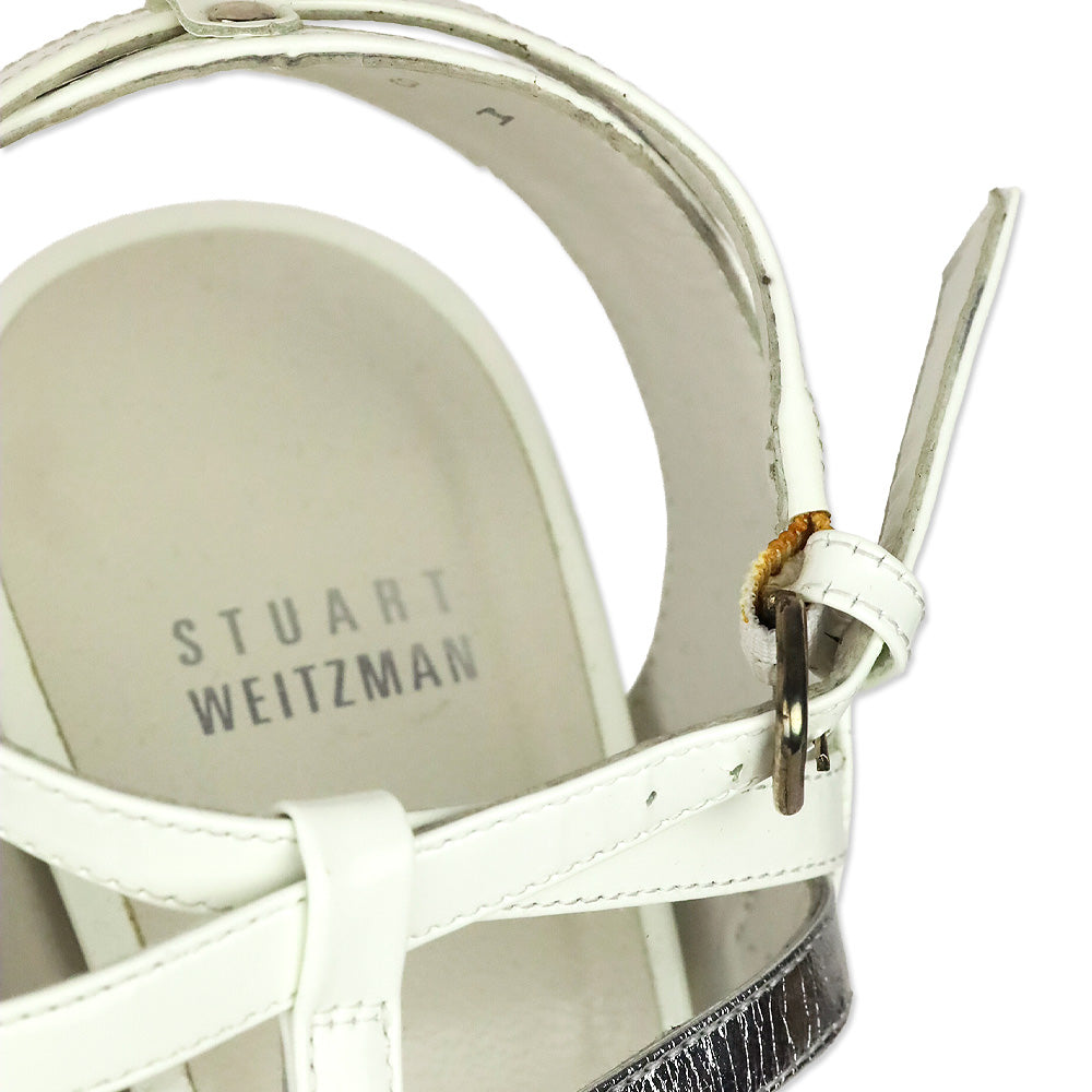 Stuart Weitzman White Patent & Silver Leather Caged Platform Sandals