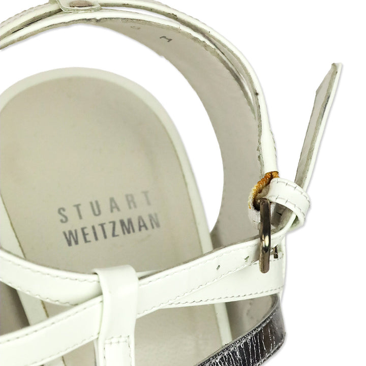 Stuart Weitzman White Patent & Silver Leather Caged Platform Sandals