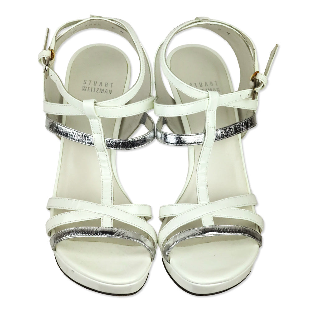 Stuart Weitzman White Patent & Silver Leather Caged Platform Sandals