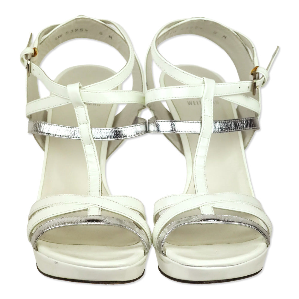 Stuart Weitzman White Patent & Silver Leather Caged Platform Sandals