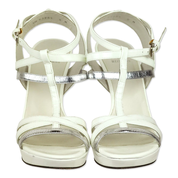 Stuart Weitzman White Patent & Silver Leather Caged Platform Sandals