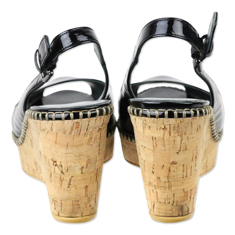 Stuart Weitzman Jean Black Patent Leather Slingback Peep-Toe Cork Wedge Sandals