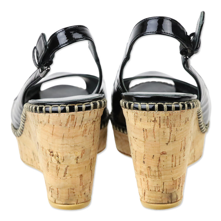 Stuart Weitzman Jean Black Patent Leather Slingback Peep-Toe Cork Wedge Sandals