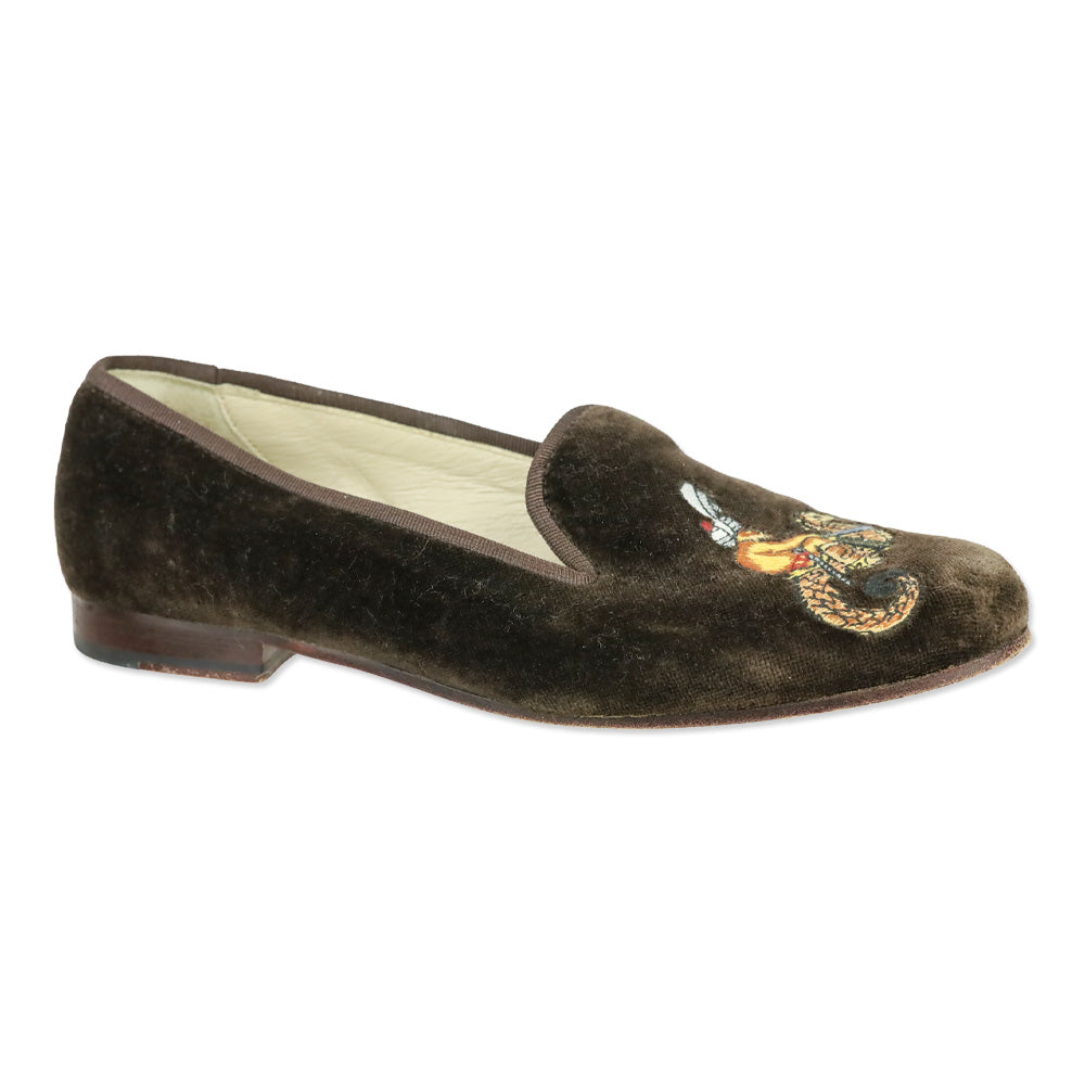 Stubbs & Wootton Brown Velvet Guardian Monkey Riding Seahorse Embroidered Loafer