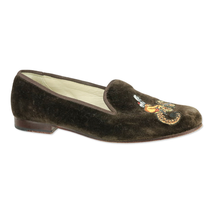 Stubbs & Wootton Brown Velvet Guardian Monkey Riding Seahorse Embroidered Loafer