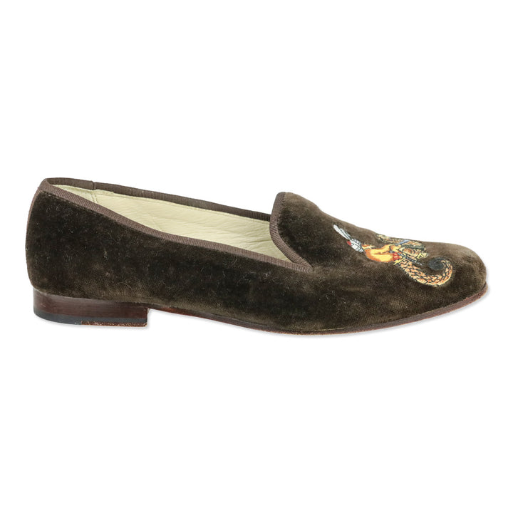 Stubbs & Wootton Brown Velvet Guardian Monkey Riding Seahorse Embroidered Loafer