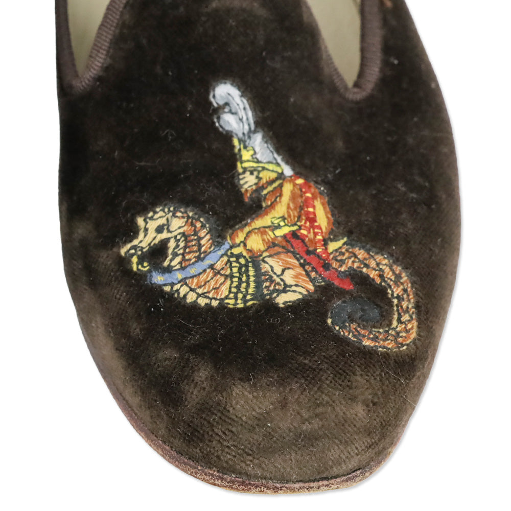 Stubbs & Wootton Brown Velvet Guardian Monkey Riding Seahorse Embroidered Loafer
