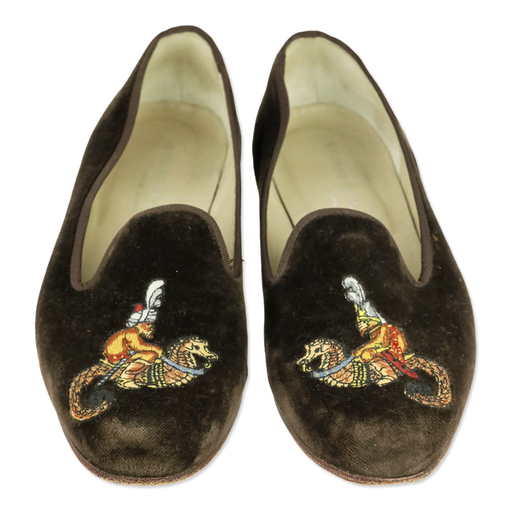 Stubbs & Wootton Brown Velvet Guardian Monkey Riding Seahorse Embroidered Loafer