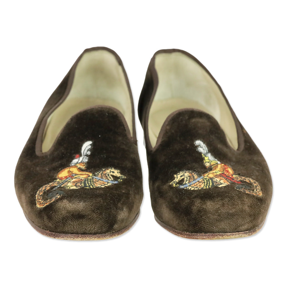 Stubbs & Wootton Brown Velvet Guardian Monkey Riding Seahorse Embroidered Loafer
