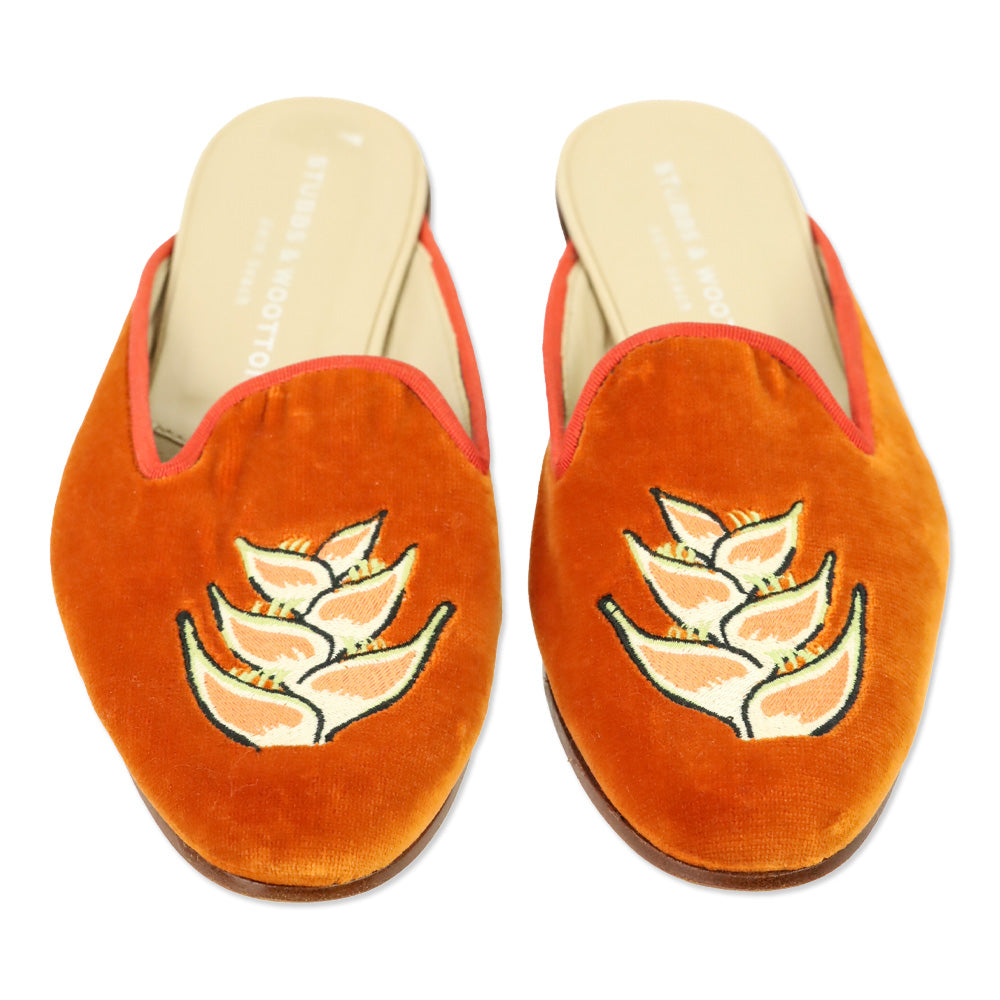 Stubbs & Wootton Floral Orange Velvet Mule Flat