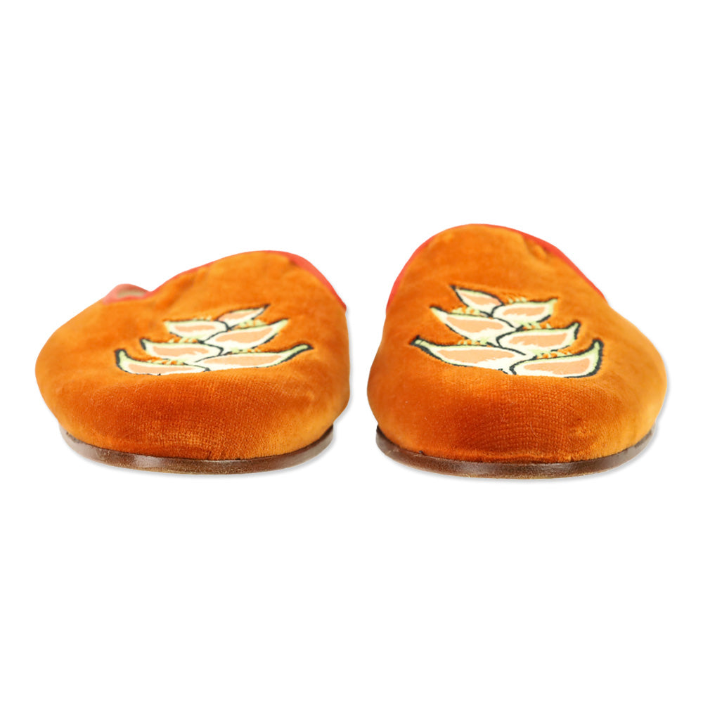 Stubbs & Wootton Floral Orange Velvet Mule Flat