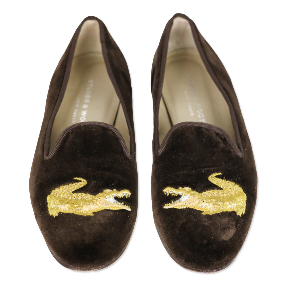 Stubbs & Wootton Gator Brown Velvet Loafer