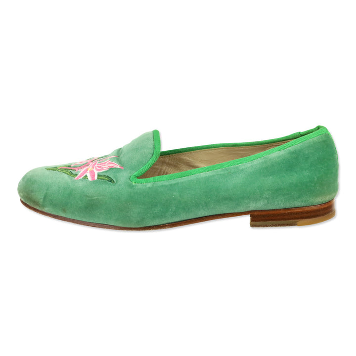 Stubbs & Wootton Green Velvet Flats with Pink Lily Embroidery