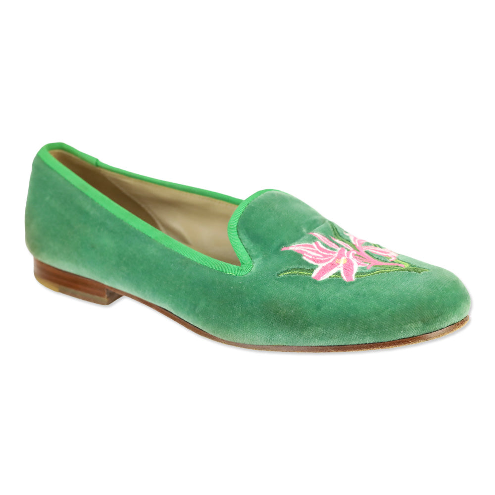 Stubbs & Wootton Green Velvet Flats with Pink Lily Embroidery