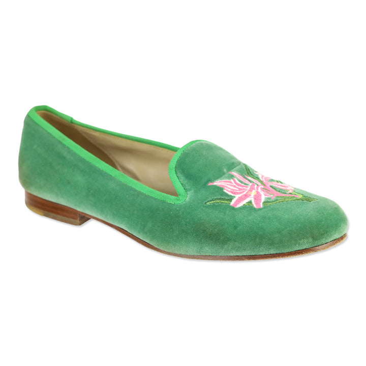 Stubbs & Wootton Green Velvet Flats with Pink Lily Embroidery