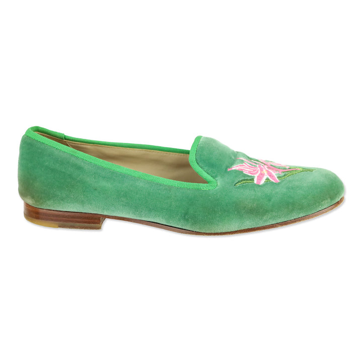 Stubbs & Wootton Green Velvet Flats with Pink Lily Embroidery