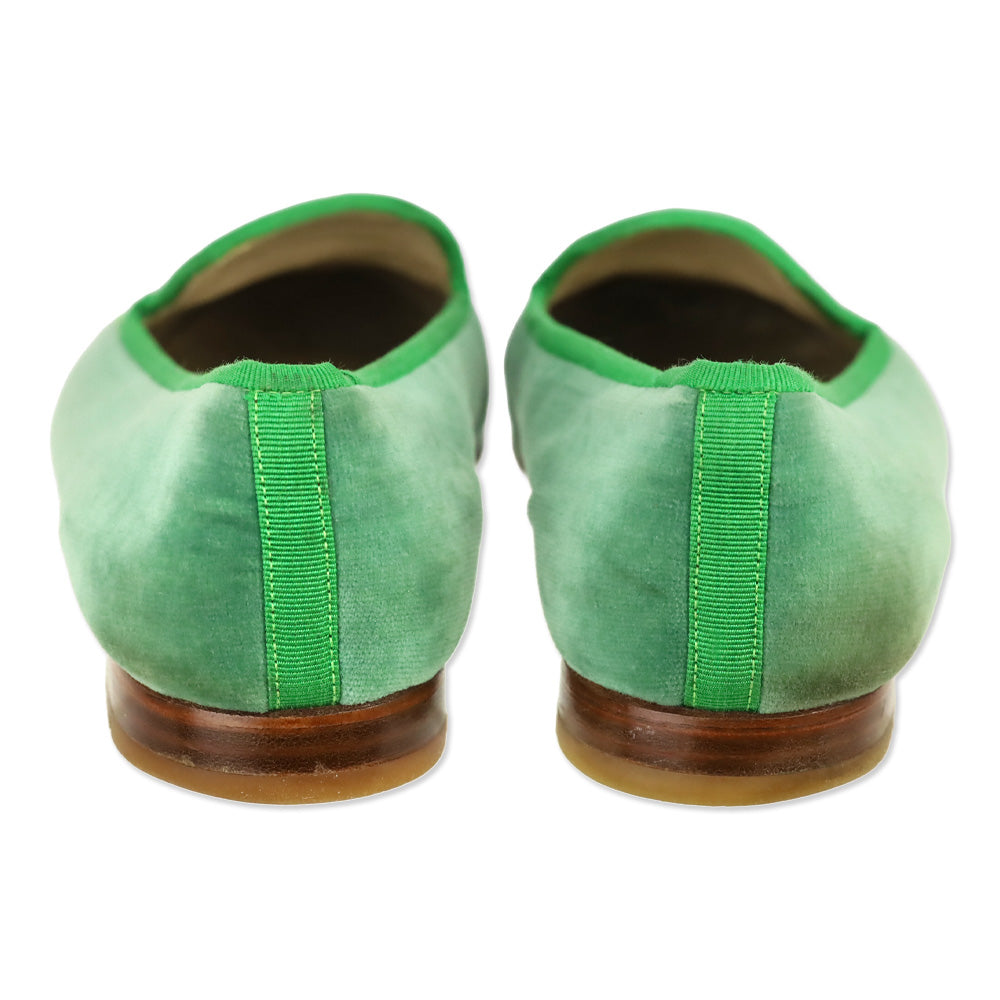 Stubbs & Wootton Green Velvet Flats with Pink Lily Embroidery