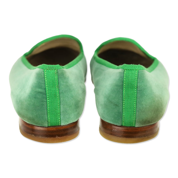 Stubbs & Wootton Green Velvet Flats with Pink Lily Embroidery