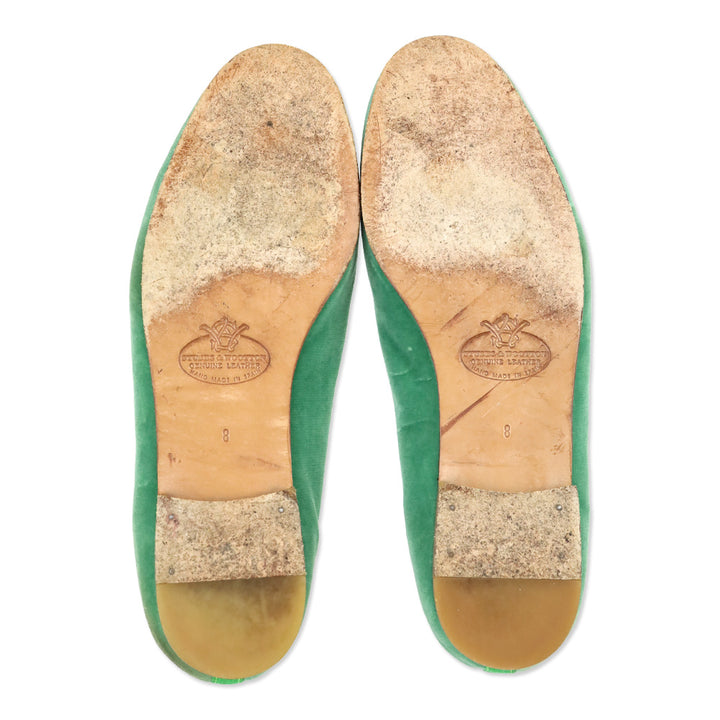 Stubbs & Wootton Green Velvet Flats with Pink Lily Embroidery