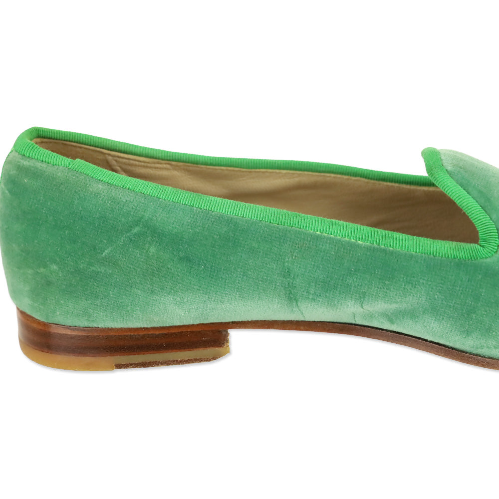 Stubbs & Wootton Green Velvet Flats with Pink Lily Embroidery