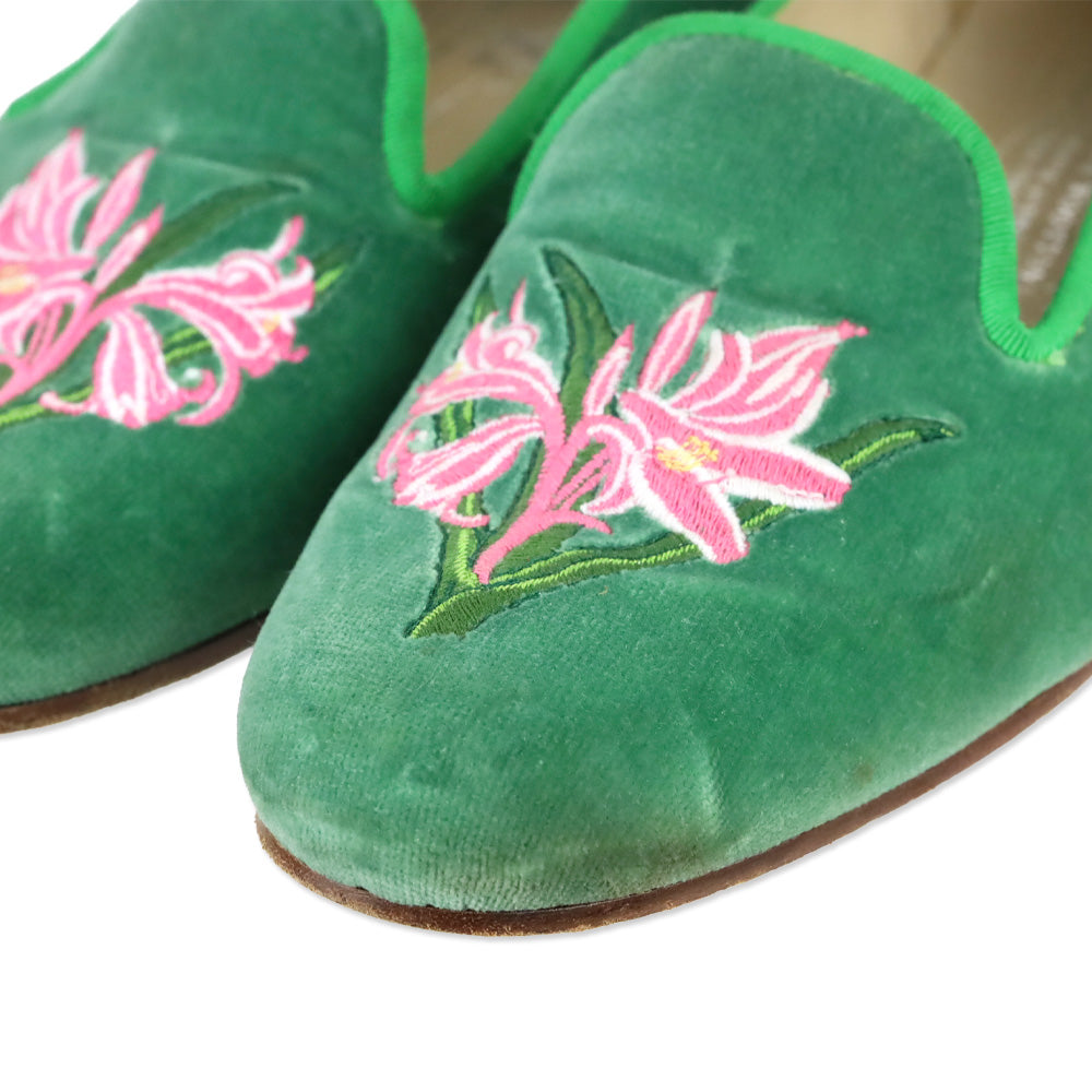Stubbs & Wootton Green Velvet Flats with Pink Lily Embroidery