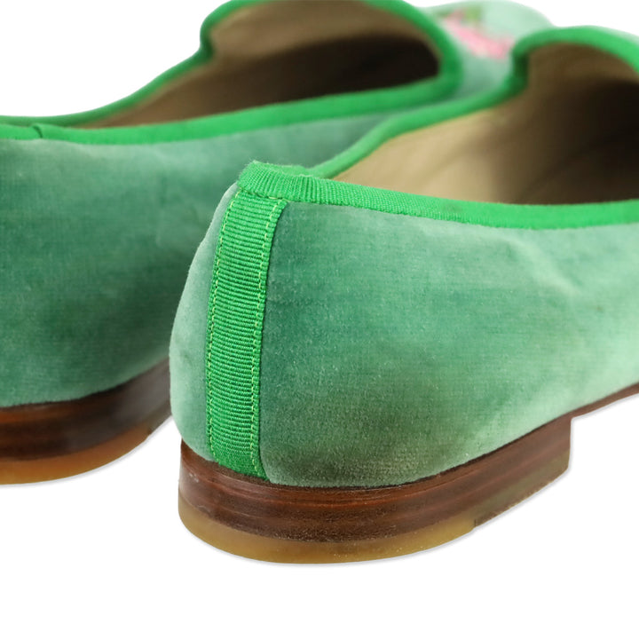 Stubbs & Wootton Green Velvet Flats with Pink Lily Embroidery