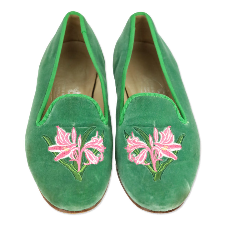 Stubbs & Wootton Green Velvet Flats with Pink Lily Embroidery